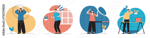 Stress expression concept with people scenes set in flat web design. Bundle of character situations with frustrated and upset men and women crying and feeling negative emotions. Vector illustrations.