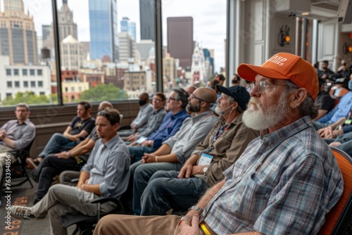 Bearded man attentively listening in a conference with city view.