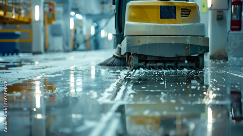 A cleaning machine in action on a wet floor.