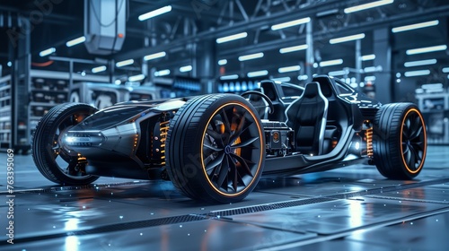 Futuristic electric sport fast car chassis and battery packs with high performance or future EV factory production