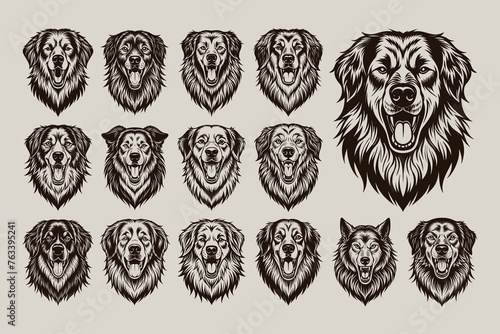 Vintage hand drawn great pyrenees dog head illustration design set