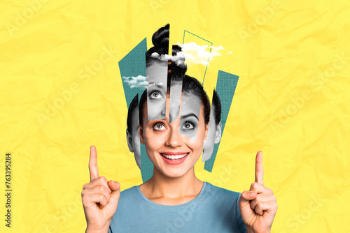 Composite photo collage of smile girl parts face bipolar disorder psychology schizophrenia illness split isolated on painted background photo