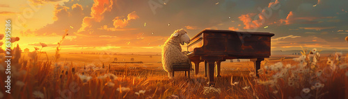 A sheep stars in a farm concert playing the piano under a 3D cartoon sky enchanting the animal audience with melodies of freedom and joy hyper realistic. photo