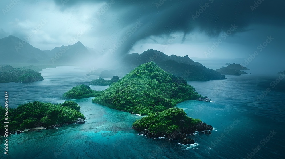 Isolated storm gathering strength above verdant islands, a force of nature in motion