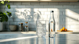 Bottle with water on the kitchen, heathy life concept 