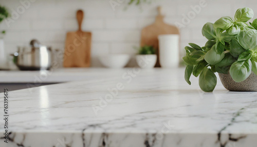 Kitchen wooden table top and kitchen blur background interior style scandinavian © anandart
