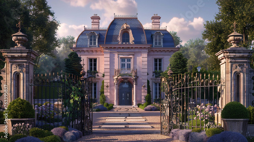 A refined classical residence with a mirror-image front, featuring dusty rose walls and a midnight blue roof, complemented by an ornate wrought iron 