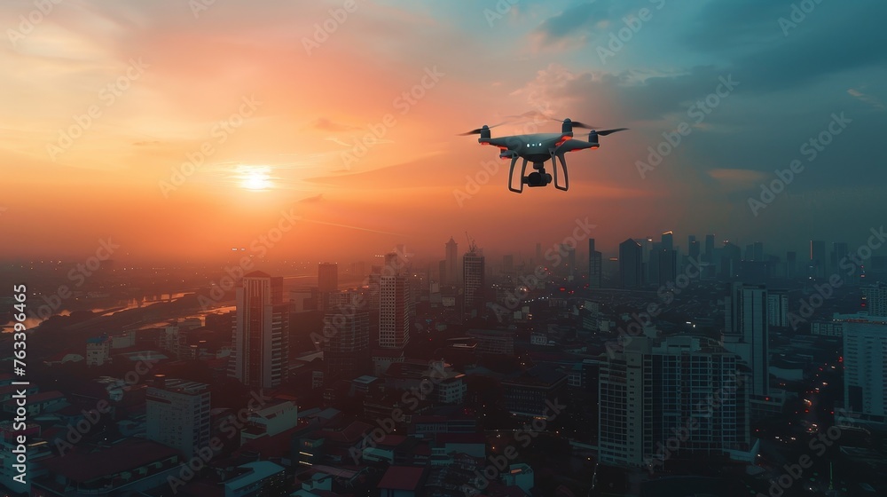 Futuristic passenger drone flying in the sky over modern city for future air transportation Futuristic passenger drone flying in the sky over modern city for future air transportation