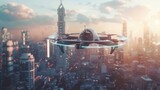 Futuristic passenger drone flying in the sky over modern city for future air transportation