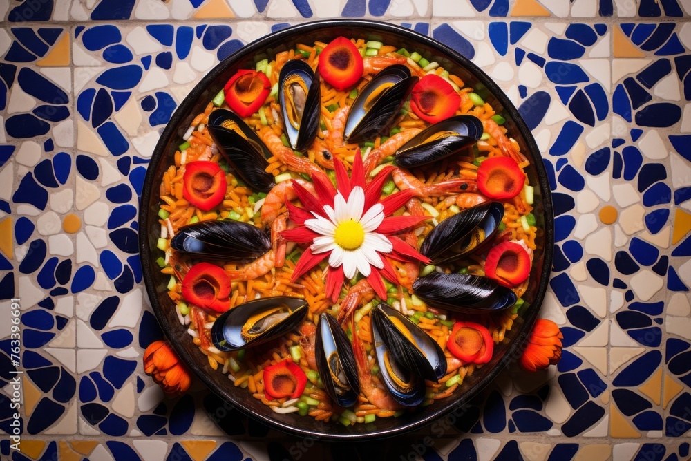 Hearty paella on a plastic tray against a ceramic mosaic background
