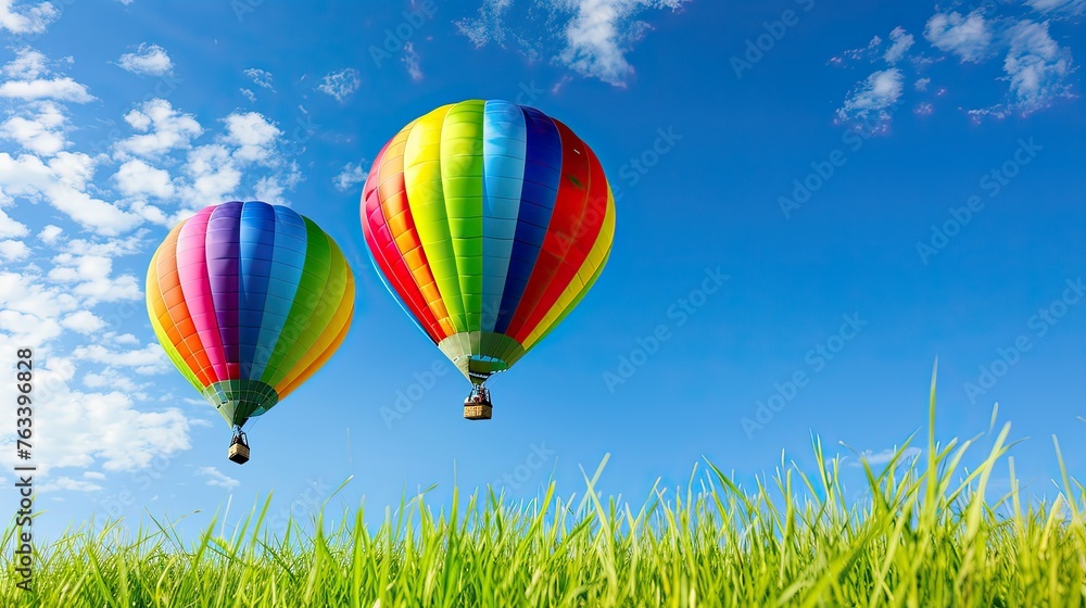 Naklejka premium A hot air balloon festival with balloons floating over a field of vibrant wildflowers.