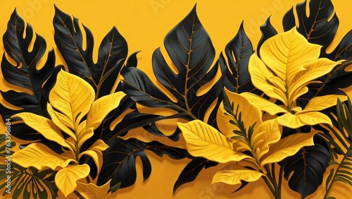 Abstract Yellow mix Black Foliage Leaf Patterns 