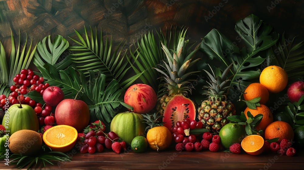 Assortment of exotic fruits showcased on dark wood flanked by swaying palm trees Assortment of exotic fruits showcased on dark wood flanked by swaying palm trees
