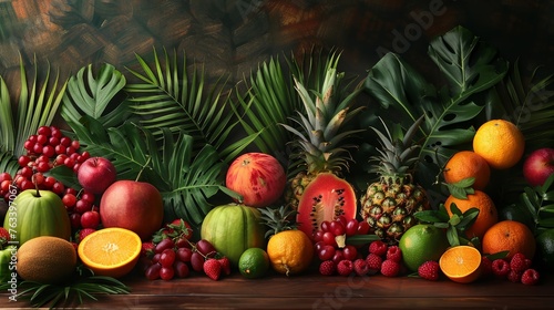 Assortment of exotic fruits showcased on dark wood flanked by swaying palm trees