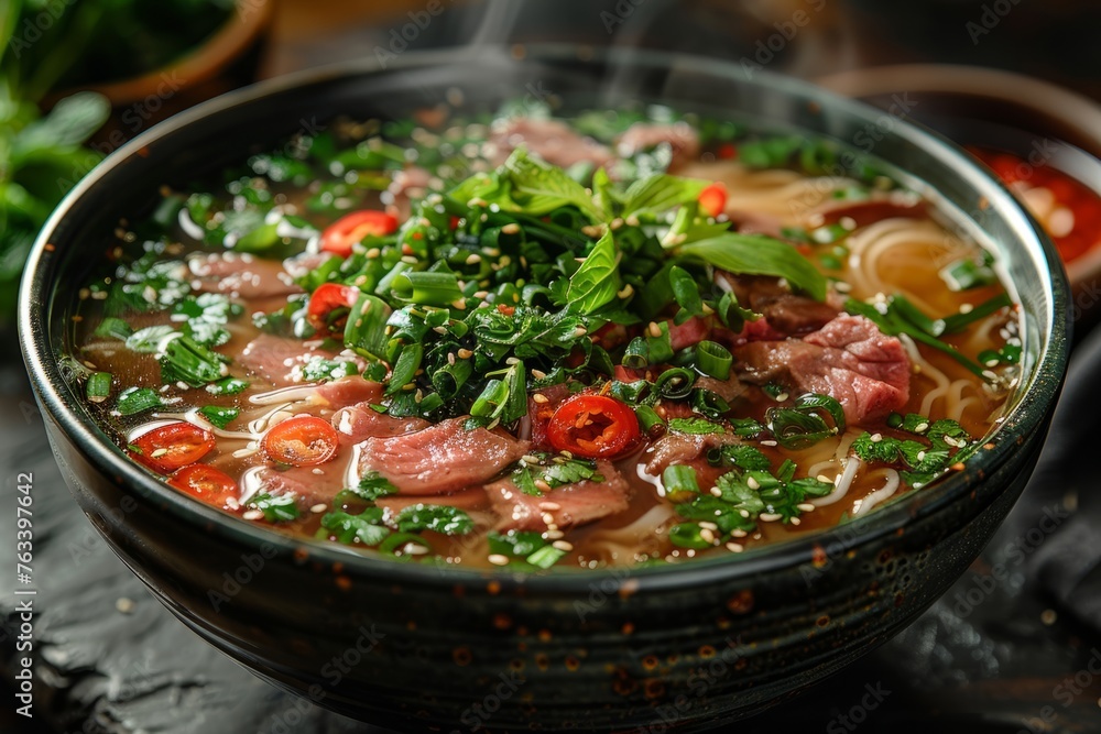 A vibrant bowl of pho garnished with fresh herbs and spices.