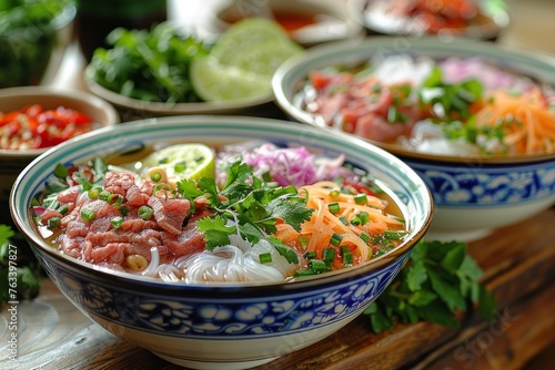 Traditional Vietnamese pho served in a decorative blue bowl.