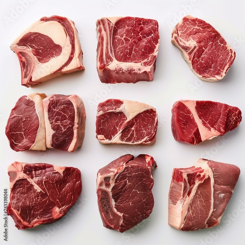 Assorted Fresh Raw Meat Cuts on White Background for Culinary Concepts