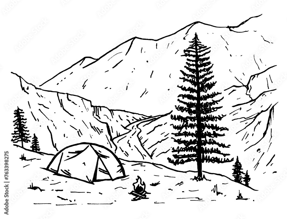 sketch of camping in nature and mountains