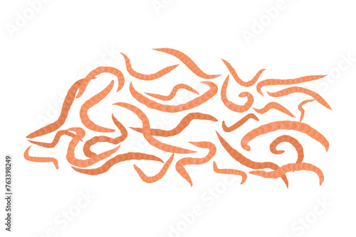 Earthworms isolated on white background. Soil earthworms, garden ground insects, fishing or helminthic disease concept. Pink worms set. Stock vector illustration