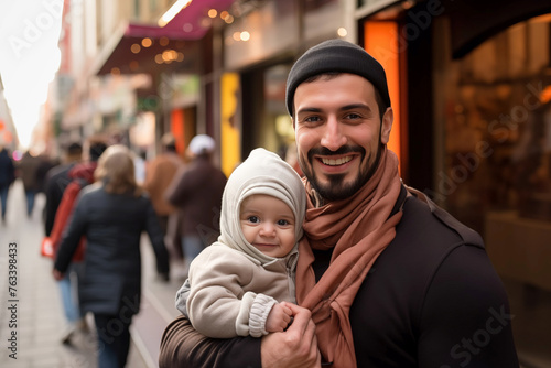 Beautiful Baby and Father Arab Man talking head shoulders shot bokeh out of focus background on a cosmopolitan western street vox pop website review or questionnaire candid photo