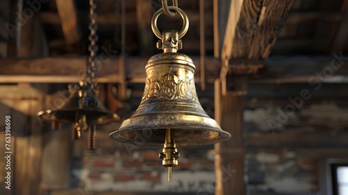 An immersive 3D model of a delightful brass bell, with a clapper that laughs and rings in melodious chimes