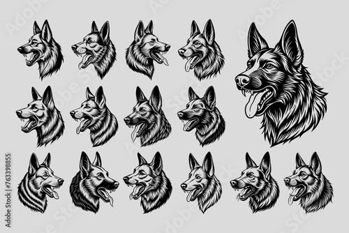 Detailed side view german shepherd dog head sticker design set