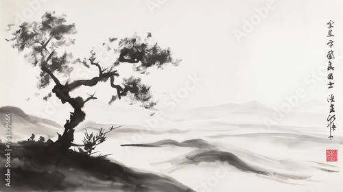Watercolor misty mountains and pines in sumi-e style. ink. background