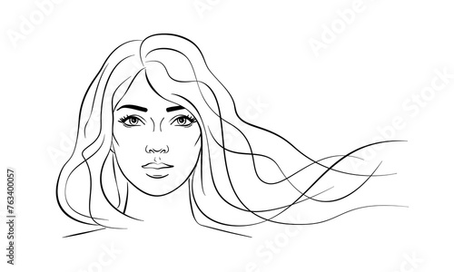 beautiful woman face portrait long wavy hair  line drawing outline style vector illustration