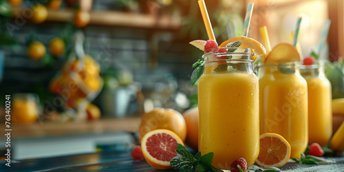 Tasty mango papaya pineapple smoothie in mason jars on wooden table in sunny kitchen. Freshly blended Hawaiian fruit smoothie in glass jar with straw and i. blurred background, space for text. 