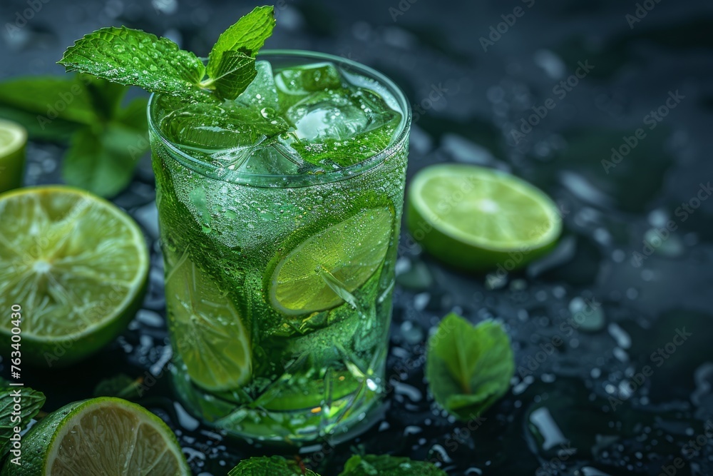 A mojito cocktail in a tall glass with lime slices and mint, on a wet dark surface with condensation. A mojito cocktail in a tall glass with lime slices and mint, on a wet dark surface with condensation.