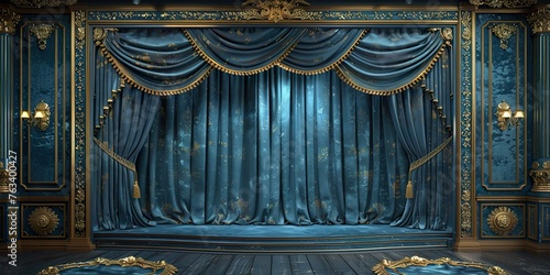 blue with golden curtain stage with frames,