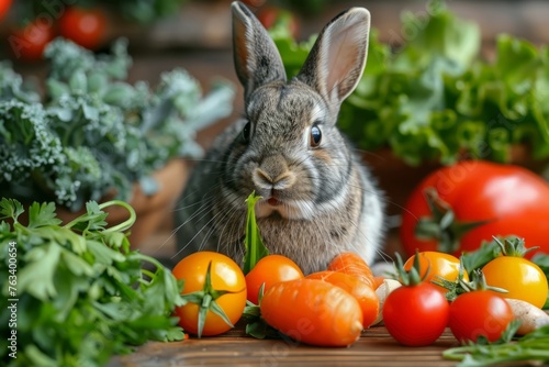A rabbit nibbles on fresh herbs in front of a variety of vegetables, creating a delightful scene. © Violetta