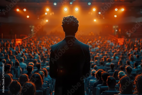 Businessman motivational speaker standing on stage in front of an audience for a speech at conference