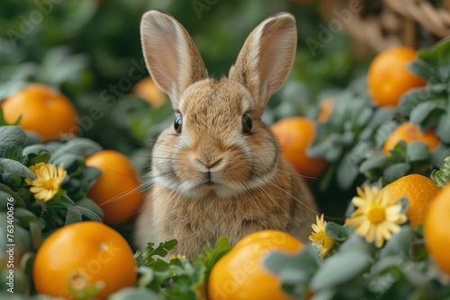 A cute rabbit nibbles on fresh greens among a field of vibrant orange flowers and vegetables.