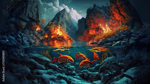 background set in 10,000 BC with a volcanic landscape, active and dormant volcanoes in searing lava. Molten lava and ash spew create a lava-stone environment, with creatures living beneath the surface photo