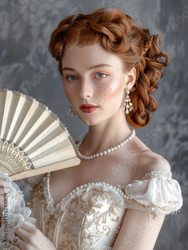 A picture of a woman showcasing an intricate hairstyle and holding a delicate vintage fan, radiating classical beauty photo