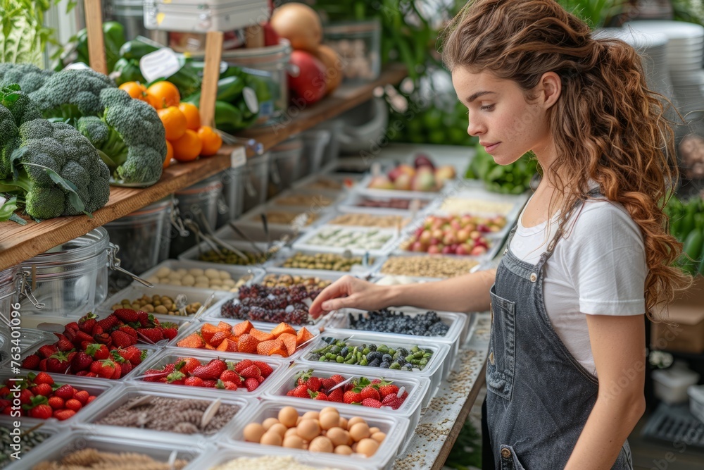 A young woman browses through a selection of colorful fresh produce and grains at a market.