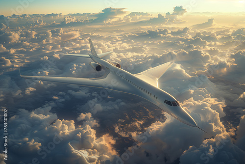 Futuristic supersonic aircraft gliding above the clouds at sunset