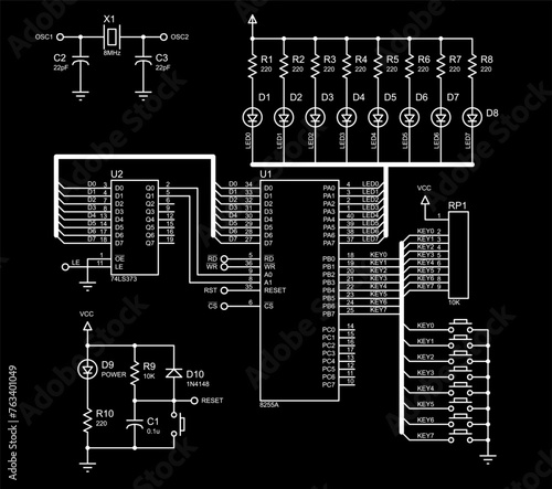Vector electrical schematic diagram of digital
electronic device with led indicators and integrated circuit, operating under 
the control of microcontroller. Technical engineering drawing.