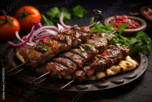 Tempting kebab on a rustic plate against a galvanized steel background