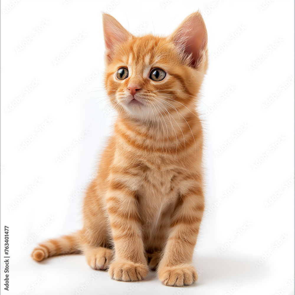 Ginger little kitten isolated on white background with shadow. Beautiful cat for advertising pet products. cards and calendars.
