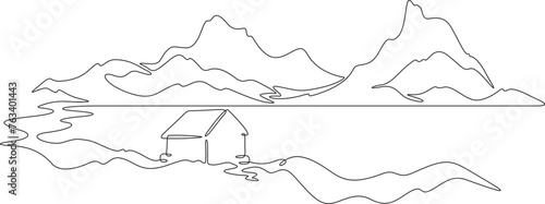 Beautiful Scandinavian landscape. House on the lake. Minimalism. Fjords. Mountainscape. One continuous line . Line art. Minimal single line.White background. One line drawing.