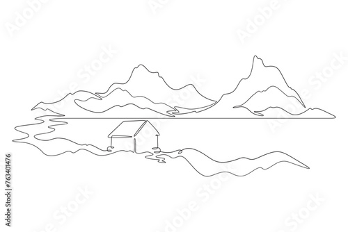 Beautiful Scandinavian landscape. House on the lake. Minimalism. Fjords. Mountainscape. One continuous line . Line art. Minimal single line.White background. One line drawing.