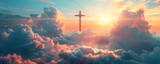 Cross in clouds symbolizing death and resurrection, with copy space for text. Suitable for religious events, Christian holidays, and spiritual themes.