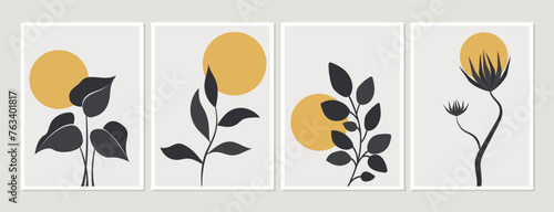 Botanical wall art vector set. Earth tone boho foliage line art drawing with abstract shape. Abstract Plant Art design for print  cover  wallpaper  Minimal and natural wall art.