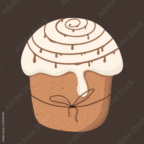 Easter cake with caramel, with white icing, tied with twine. Vector illustration, caramel cake in cute style