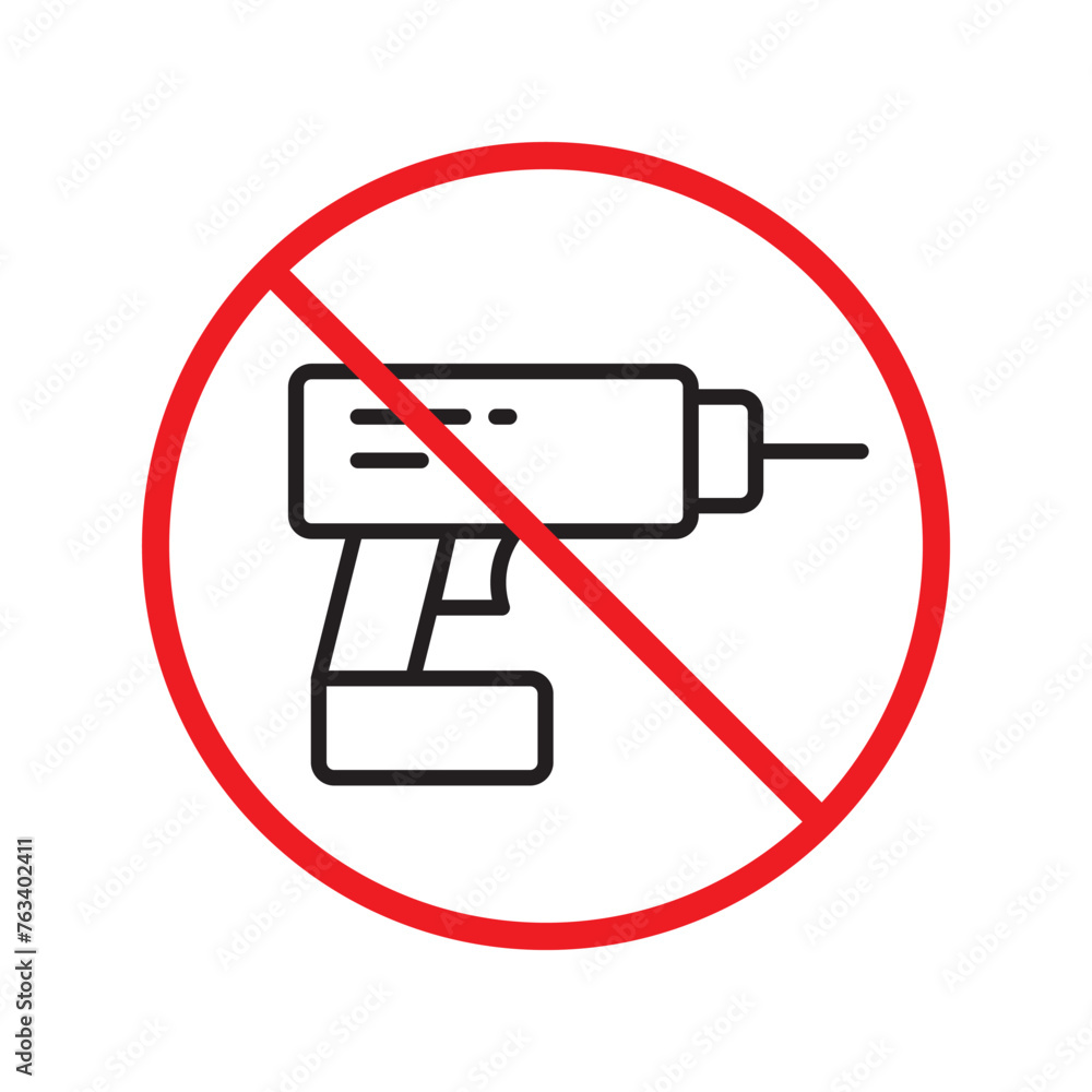 Forbidden drill vector icon. Electric drill flat sign design. Prohibited perforator symbol pictogram. Warning, caution, attention, restriction label ban flat sign design. Forbidden drill vector icon. Electric drill flat sign design. Prohibited perforator symbol pictogram. Warning, caution, attention, restriction label ban flat sign design.