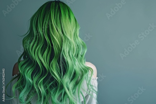 portrait of a beautiful long voluminous wavy green hair on  girl, viewed from the back,Beautiful girl with hair coloring in ultra emerald. Stylish hairstyle done in a beauty salon. Fashion, cosmetics  photo
