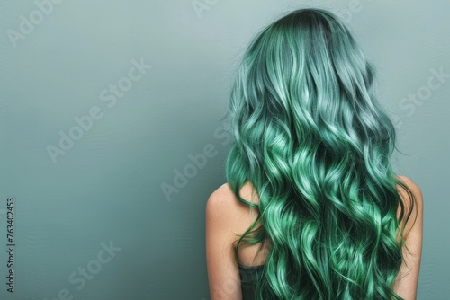 portrait of a beautiful long voluminous wavy green hair on girl, viewed from the back,Beautiful girl with hair coloring in ultra emerald. Stylish hairstyle done in a beauty salon. Fashion, cosmetics 