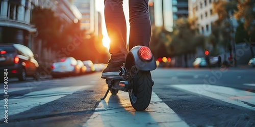 Navigating City Streets Quickly on an Electric Scooter: A Trendy Mode of Transportation for Modern Lifestyles. Concept Electric Scooters, City Streets, Transportation, Modern Lifestyles, Trendy
